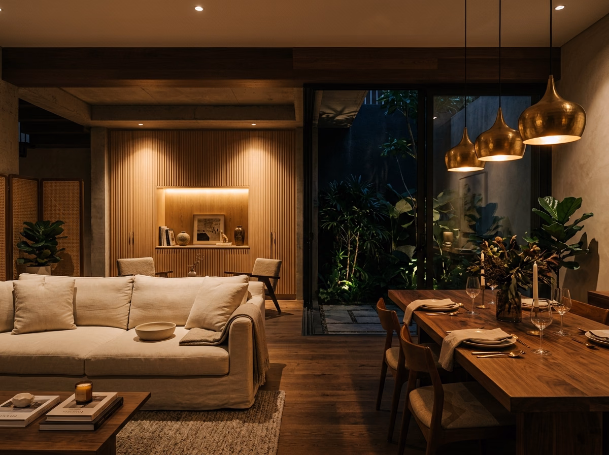 Phòng khách với sofa vải và vách gỗ — ảnh minh hoạ