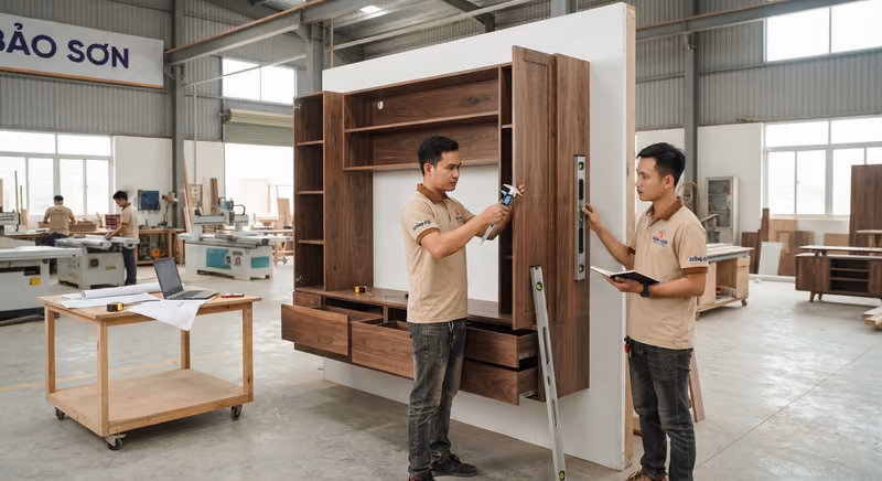 Thợ lắp thử tủ bếp tại xưởng
