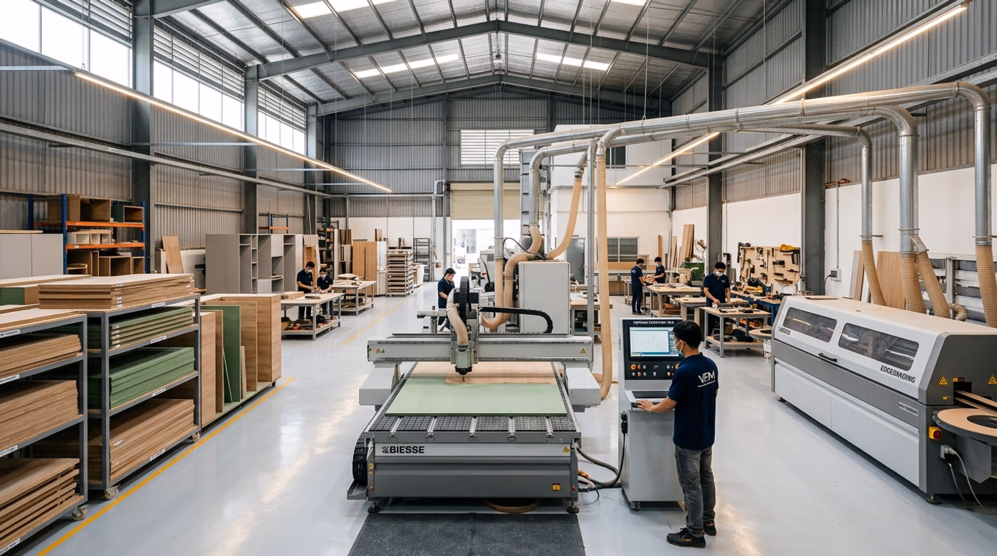 Xưởng sản xuất nội thất Bảo Sơn tại Hóc Môn: máy cắt CNC và dây chuyền dán cạnh