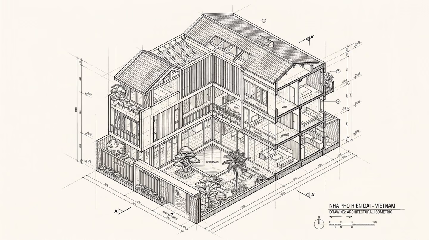 Bản vẽ trục đo một nhà phố có sân trong, ghi kích thước từng tầng — bản vẽ minh hoạ