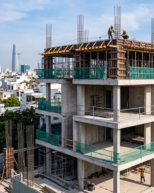 Khung bê tông cốt thép nhà phố đang thi công phần thô — ảnh minh hoạ