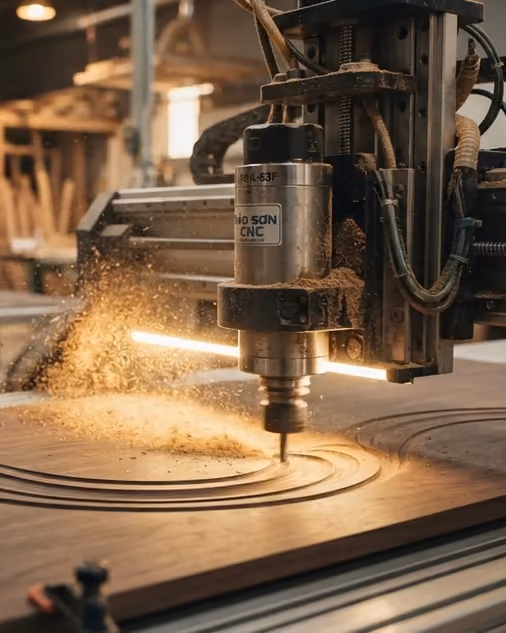 Máy CNC cắt ván gỗ trong xưởng nội thất — ảnh minh hoạ